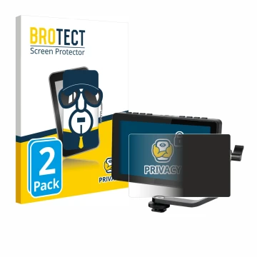 Parte frontal de un envase de producto con el logotipo de la marca BROTECT. Al lado se muestra el dispositivo Feelworld F5 PRO