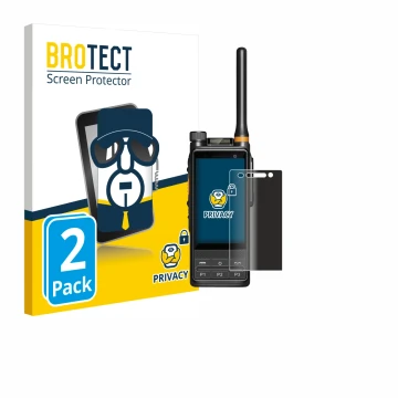 Parte frontal de un envase de producto con el logotipo de la marca BROTECT. Al lado se muestra el dispositivo Hytera PDC680 co