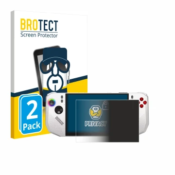 Parte frontal de un envase de producto con el logotipo de la marca BROTECT. Al lado se muestra el dispositivo MSI Claw A8 BZ2E