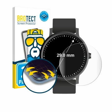 Parte frontal de un envase de producto con el logotipo de la marca BROTECT. Al lado se muestra el dispositivo Relojes (Circula