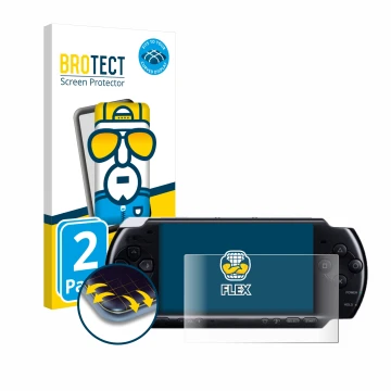 Parte frontal de un envase de producto con el logotipo de la marca BROTECT. Al lado se muestra el dispositivo Sony PSP 3004 co