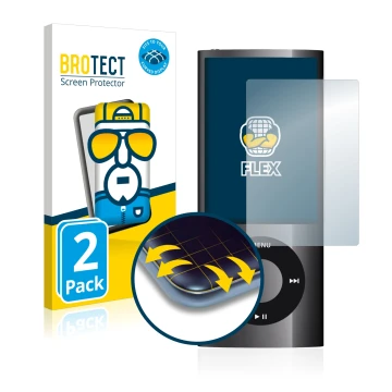 Parte frontal de un envase de producto con el logotipo de la marca BROTECT. Al lado se muestra el dispositivo Apple iPod nano 