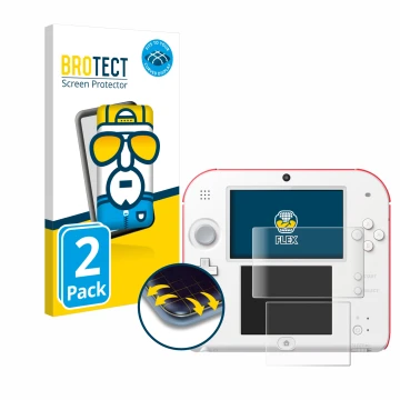 Parte frontal de un envase de producto con el logotipo de la marca BROTECT. Al lado se muestra el dispositivo Nintendo 2DS con
