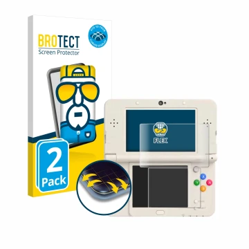 Parte frontal de un envase de producto con el logotipo de la marca BROTECT. Al lado se muestra el dispositivo Nintendo New 3DS