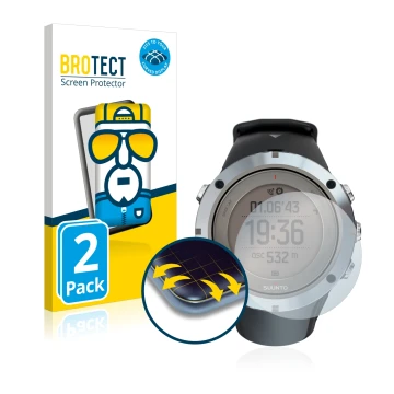 Parte frontal de un envase de producto con el logotipo de la marca BROTECT. Al lado se muestra el dispositivo Suunto Ambit3 Pe