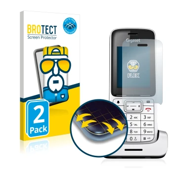 Parte frontal de un envase de producto con el logotipo de la marca BROTECT. Al lado se muestra el dispositivo Gigaset SL450HX 