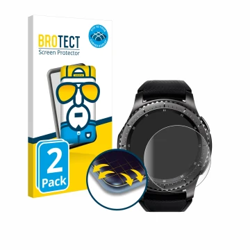 Parte frontal de un envase de producto con el logotipo de la marca BROTECT. Al lado se muestra el dispositivo Samsung Gear S3 