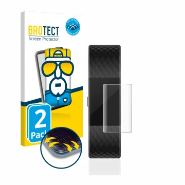 Parte frontal de un envase de producto con el logotipo de la marca BROTECT. Al lado se muestra el dispositivo Fitbit Charge 2 