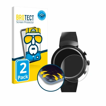 Parte frontal de un envase de producto con el logotipo de la marca BROTECT. Al lado se muestra el dispositivo ASUS ZenWatch 3 