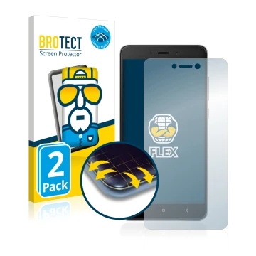 Parte frontal de un envase de producto con el logotipo de la marca BROTECT. Al lado se muestra el dispositivo Xiaomi Redmi Not