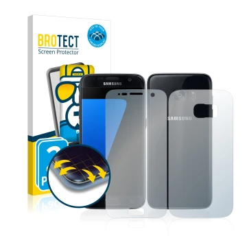Parte frontal de un envase de producto con el logotipo de la marca BROTECT. Al lado se muestra el dispositivo Samsung Galaxy S