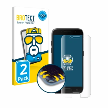 Parte frontal de un envase de producto con el logotipo de la marca BROTECT. Al lado se muestra el dispositivo Samsung Galaxy A