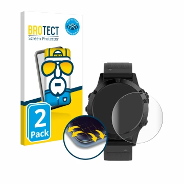 Parte frontal de un envase de producto con el logotipo de la marca BROTECT. Al lado se muestra el dispositivo Garmin Fenix 5 (