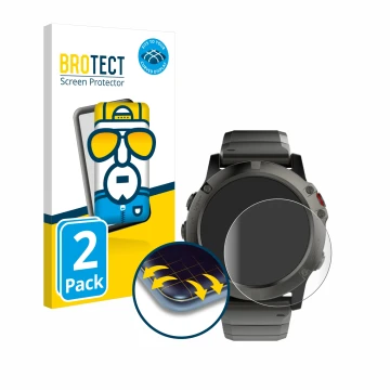 Parte frontal de un envase de producto con el logotipo de la marca BROTECT. Al lado se muestra el dispositivo Garmin Fenix 5X 