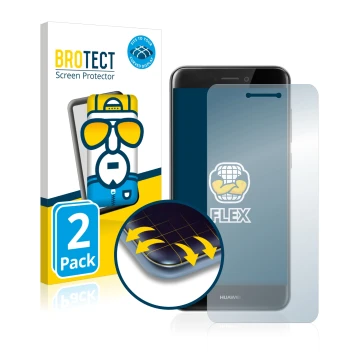 Parte frontal de un envase de producto con el logotipo de la marca BROTECT. Al lado se muestra el dispositivo Huawei P8 Lite 2