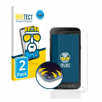 Parte frontal de un envase de producto con el logotipo de la marca BROTECT. Al lado se muestra el dispositivo Samsung Galaxy X