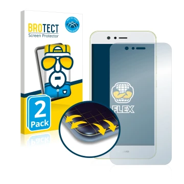 Parte frontal de un envase de producto con el logotipo de la marca BROTECT. Al lado se muestra el dispositivo Huawei Nova 2 co