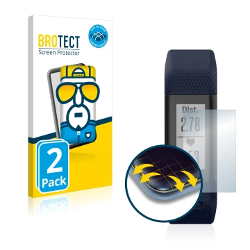 Parte frontal de un envase de producto con el logotipo de la marca BROTECT. Al lado se muestra el dispositivo Garmin Vivosmart