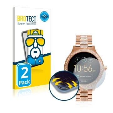 Parte frontal de un envase de producto con el logotipo de la marca BROTECT. Al lado se muestra el dispositivo Fossil Q Venture