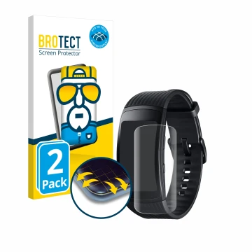 Parte frontal de un envase de producto con el logotipo de la marca BROTECT. Al lado se muestra el dispositivo Samsung Gear Fit