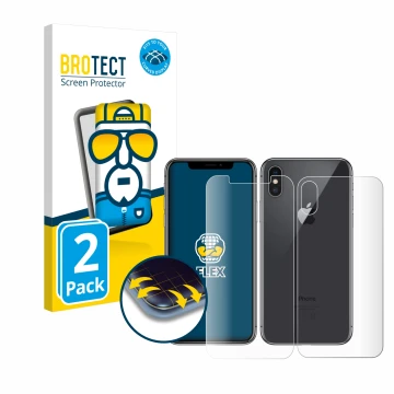 Parte frontal de un envase de producto con el logotipo de la marca BROTECT. Al lado se muestra el dispositivo Apple iPhone X (