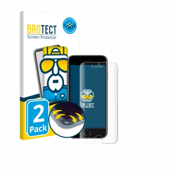 Parte frontal de un envase de producto con el logotipo de la marca BROTECT. Al lado se muestra el dispositivo Apple iPhone 8 c