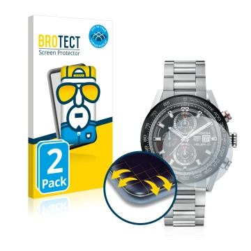 Parte frontal de un envase de producto con el logotipo de la marca BROTECT. Al lado se muestra el dispositivo TAG Heuer Carrer