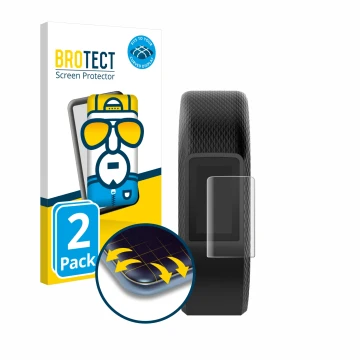 Parte frontal de un envase de producto con el logotipo de la marca BROTECT. Al lado se muestra el dispositivo Garmin Vivosport