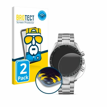 Parte frontal de un envase de producto con el logotipo de la marca BROTECT. Al lado se muestra el dispositivo Omega Speedmaste