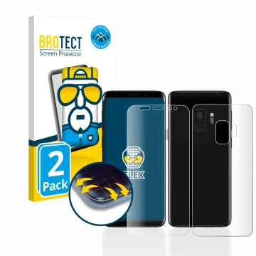 Parte frontal de un envase de producto con el logotipo de la marca BROTECT. Al lado se muestra el dispositivo Samsung Galaxy S
