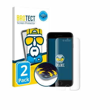 Parte frontal de un envase de producto con el logotipo de la marca BROTECT. Al lado se muestra el dispositivo Apple iPhone SE 