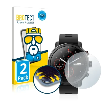 Parte frontal de un envase de producto con el logotipo de la marca BROTECT. Al lado se muestra el dispositivo Huami Amazfit St