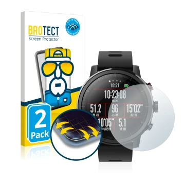 Parte frontal de un envase de producto con el logotipo de la marca BROTECT. Al lado se muestra el dispositivo Huami Amazfit St
