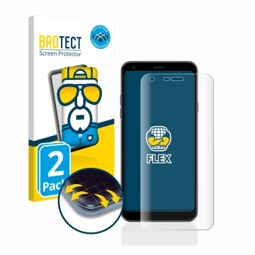 Parte frontal de un envase de producto con el logotipo de la marca BROTECT. Al lado se muestra el dispositivo LG Q7 con su pro