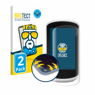 Parte frontal de un envase de producto con el logotipo de la marca BROTECT. Al lado se muestra el dispositivo Garmin Edge Expl