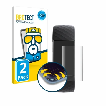 Parte frontal de un envase de producto con el logotipo de la marca BROTECT. Al lado se muestra el dispositivo Fitbit Charge 3 