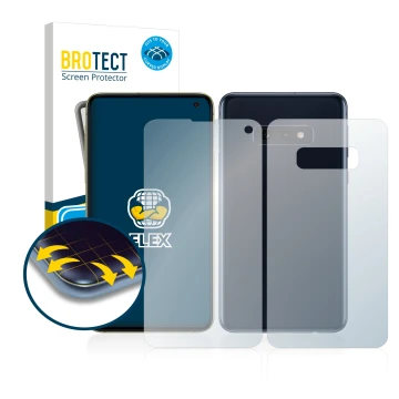 Parte frontal de un envase de producto con el logotipo de la marca BROTECT. Al lado se muestra el dispositivo Samsung Galaxy S