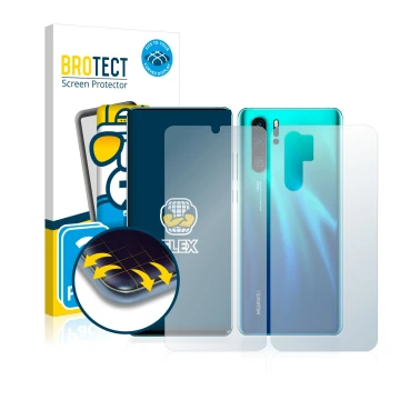 Parte frontal de un envase de producto con el logotipo de la marca BROTECT. Al lado se muestra el dispositivo Huawei P30 Pro (
