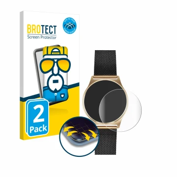 Parte frontal de un envase de producto con el logotipo de la marca BROTECT. Al lado se muestra el dispositivo Xlyne X-Watch Jo