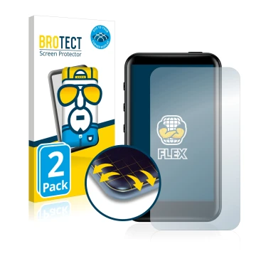 Parte frontal de un envase de producto con el logotipo de la marca BROTECT. Al lado se muestra el dispositivo FiiO M6 con su p