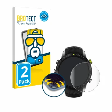 Parte frontal de un envase de producto con el logotipo de la marca BROTECT. Al lado se muestra el dispositivo Garmin Marq Athl