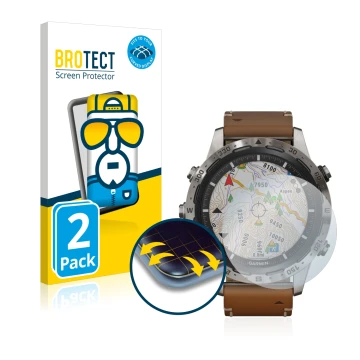 Parte frontal de un envase de producto con el logotipo de la marca BROTECT. Al lado se muestra el dispositivo Garmin Marq Adve