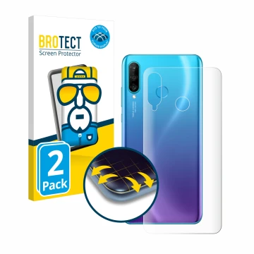 Parte frontal de un envase de producto con el logotipo de la marca BROTECT. Al lado se muestra el dispositivo Huawei P30 lite 