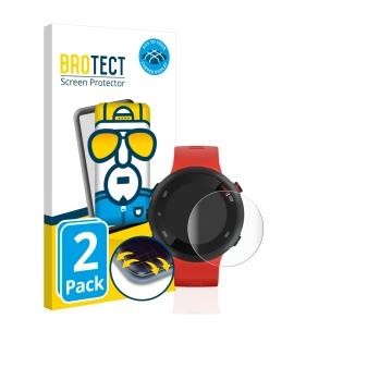 Parte frontal de un envase de producto con el logotipo de la marca BROTECT. Al lado se muestra el dispositivo Garmin Forerunne