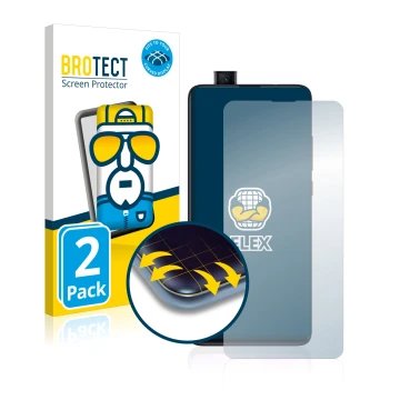 Parte frontal de un envase de producto con el logotipo de la marca BROTECT. Al lado se muestra el dispositivo Xiaomi Mi 9T con