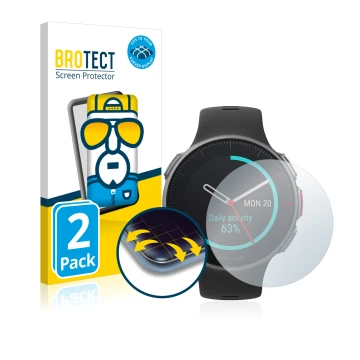 Parte frontal de un envase de producto con el logotipo de la marca BROTECT. Al lado se muestra el dispositivo Polar Vantage V 