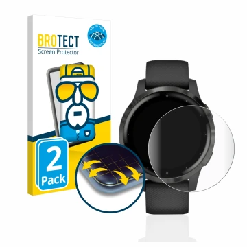 Parte frontal de un envase de producto con el logotipo de la marca BROTECT. Al lado se muestra el dispositivo Garmin vivoactiv