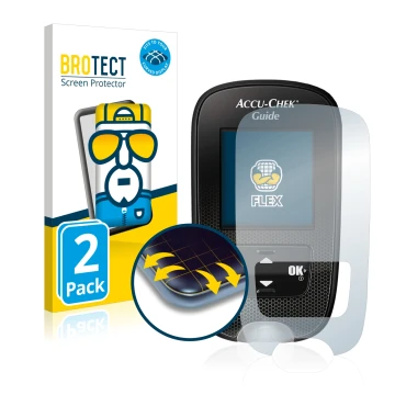 Parte frontal de un envase de producto con el logotipo de la marca BROTECT. Al lado se muestra el dispositivo Accu-Chek Guide 