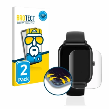 Parte frontal de un envase de producto con el logotipo de la marca BROTECT. Al lado se muestra el dispositivo Huami Amazfit GT