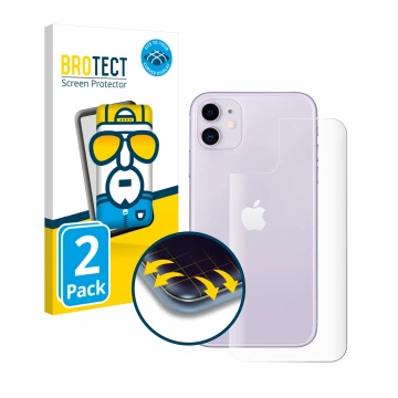Parte frontal de un envase de producto con el logotipo de la marca BROTECT. Al lado se muestra el dispositivo Apple iPhone 11 